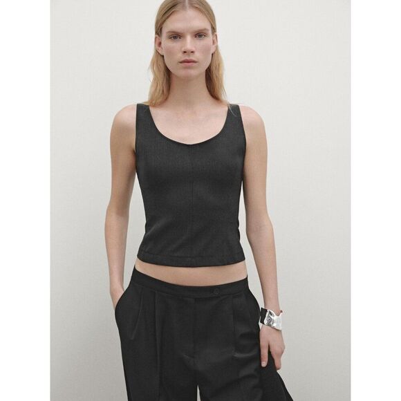Massimo Dutti Womens Top S Small Tank Gray Stretch Seam Details 5118/818 NWT - Picture 1 of 13